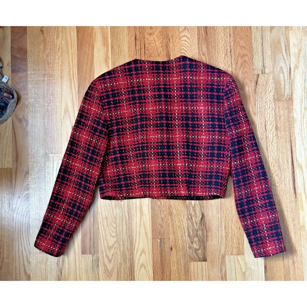 Vintage 90's Cropped Jacket Red Black Gold Tweed/boucle' Wool Blend USA Medium
